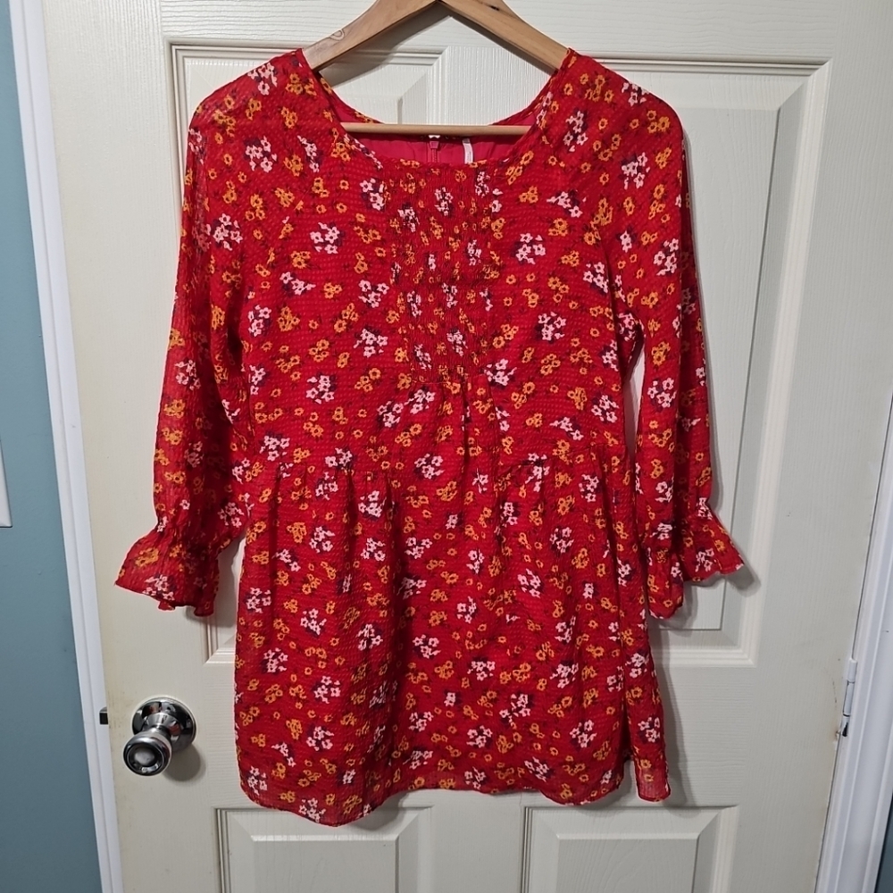 Free People Womens Red Floral Chiffon Long Sleeve Mini A Line Dress Sz 0 EUC